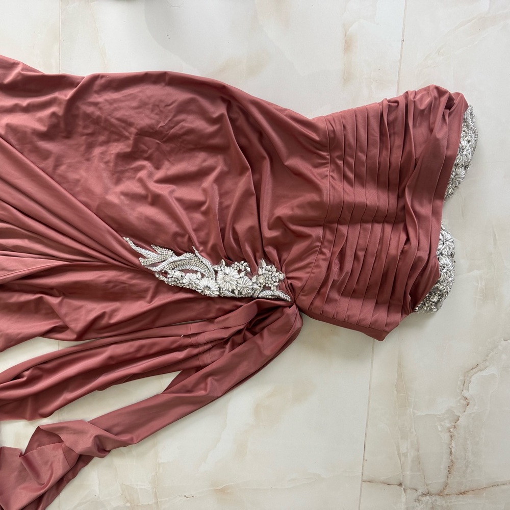 Custom Dollhouse Dusty Rose Strapless Gown with Beaded Embellishment